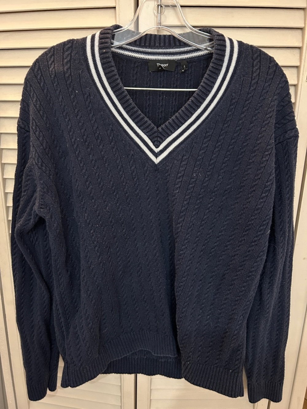 Theory cotton cashmere Navy Cable-Knit V-Neck Sweater with Stripe Detail